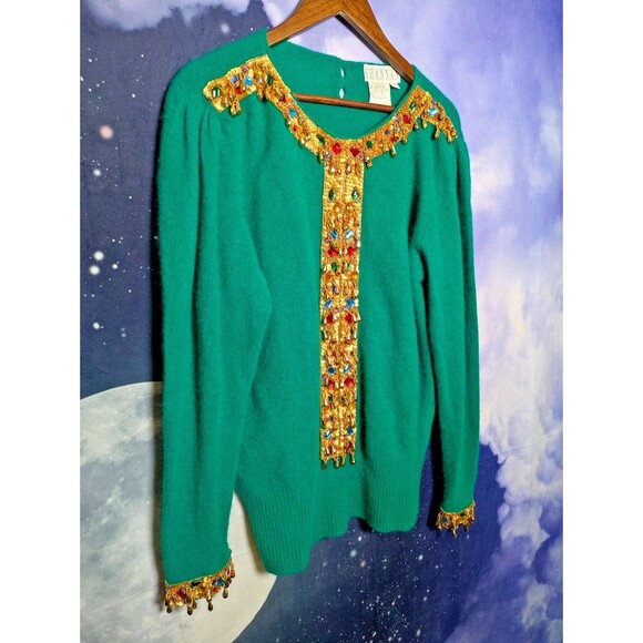 Vintage Green Jewel Embellished Sweater Size M Shannan Glam 80s Festive Luxury - Picture 2 of 7